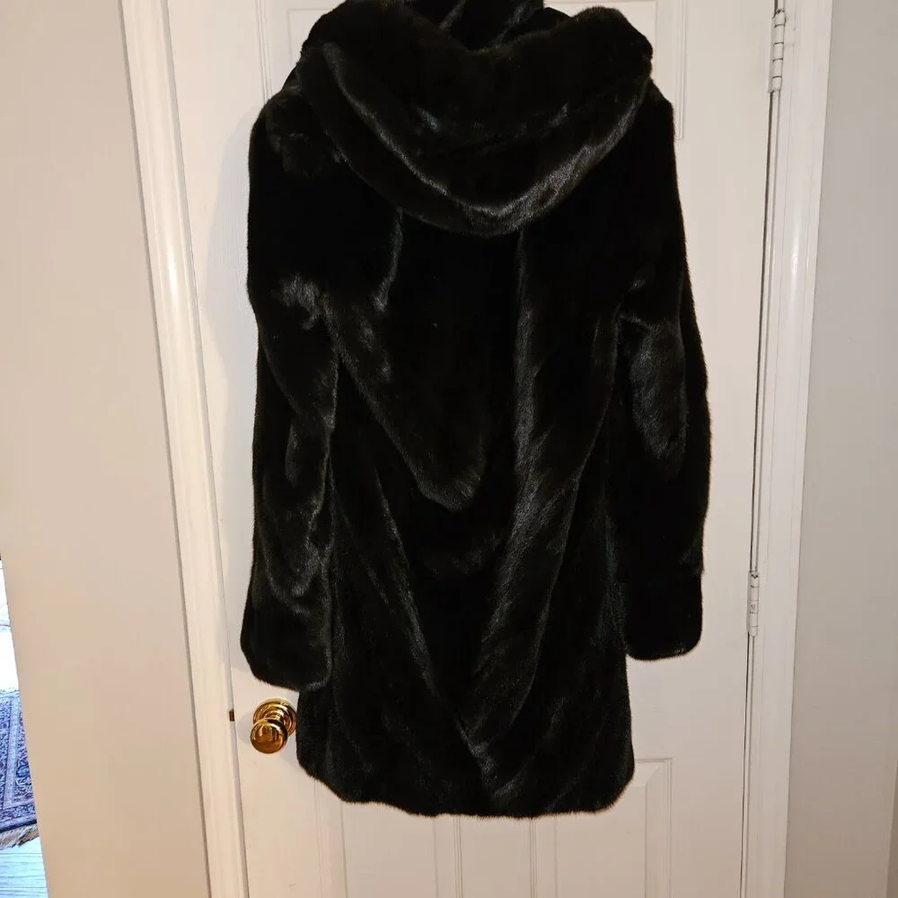 BLACKGLAMA Dark Ranch Mink Fur Coat‎ - Size 12 - Perfect Condition with Hood